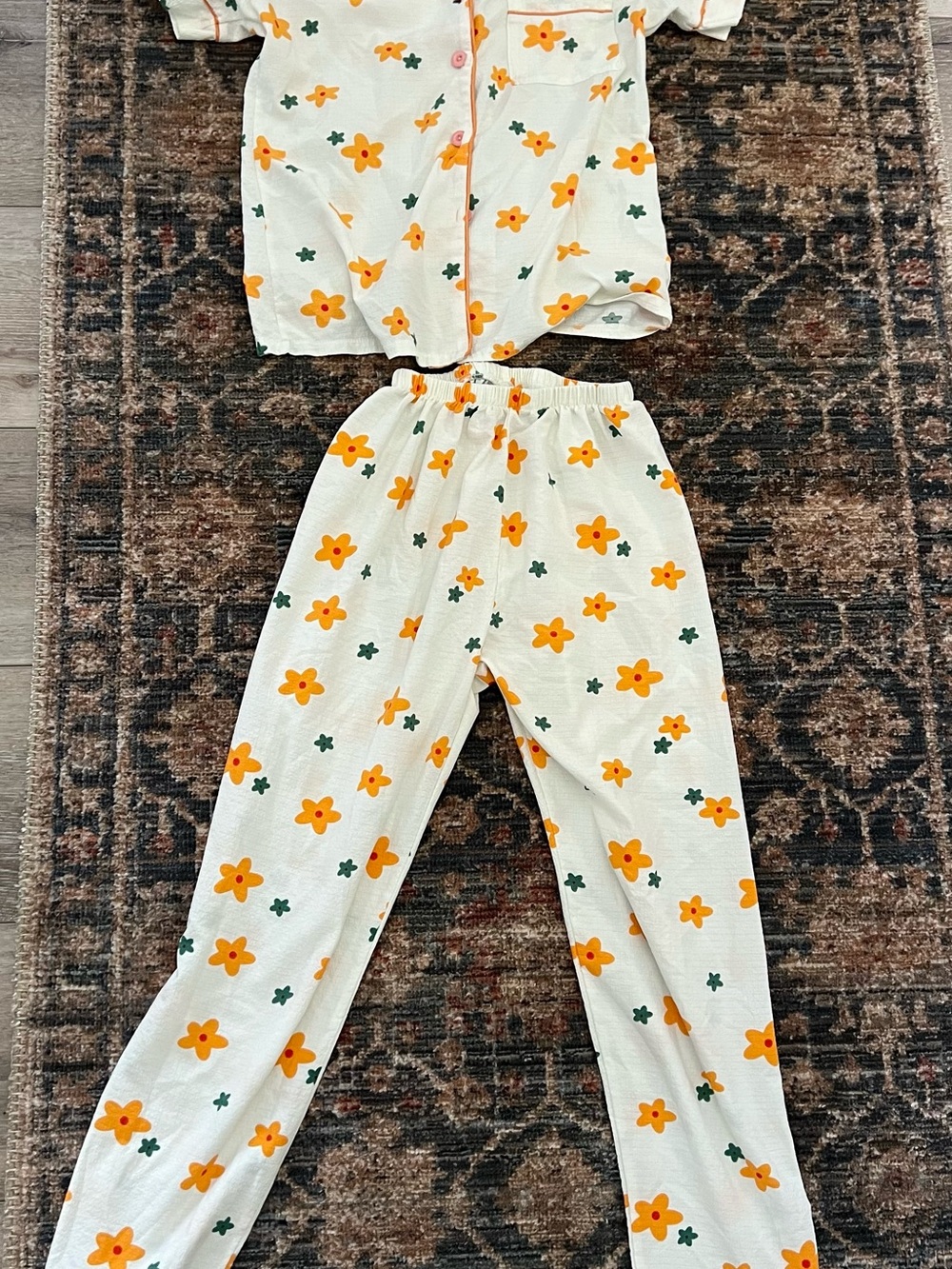 Kids Cream Floral Pajama Set - Yellow Orange Flowers